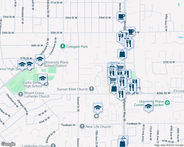 map of restaurants, bars, coffee shops, grocery stores, and more near 7913 37th Street Court West in University Place