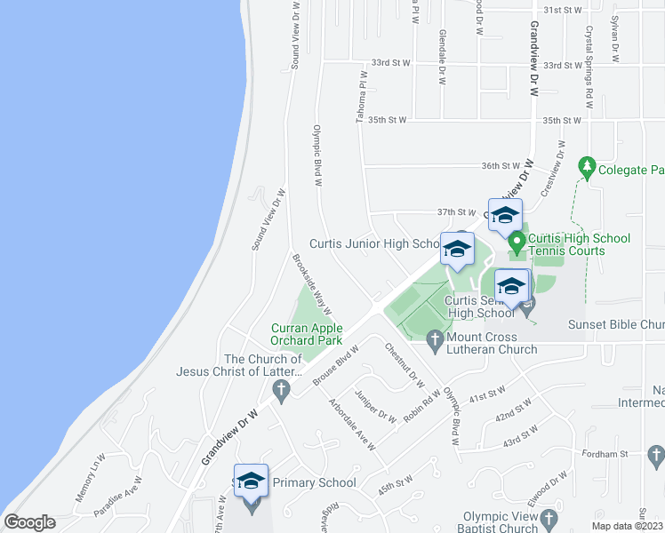 map of restaurants, bars, coffee shops, grocery stores, and more near 3734 Olympic Boulevard West in University Place