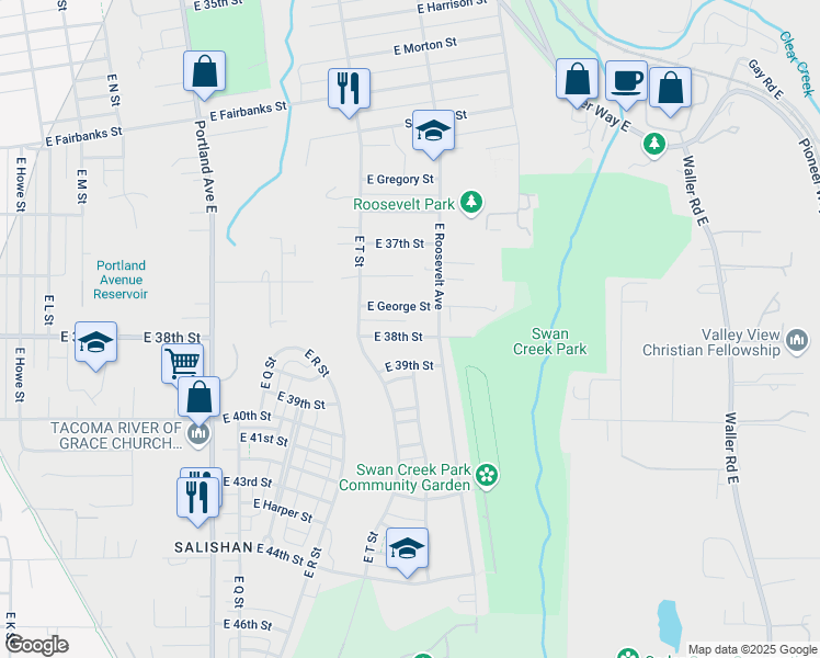 map of restaurants, bars, coffee shops, grocery stores, and more near 2035 East 38th Street in Tacoma