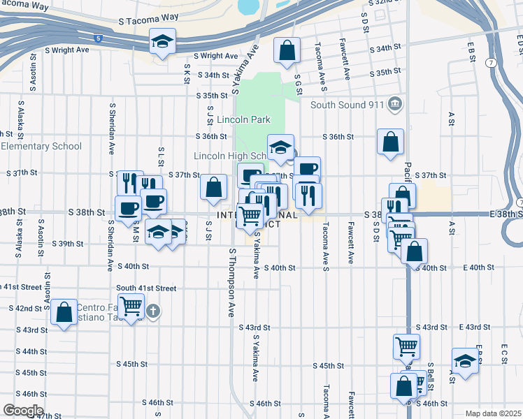 map of restaurants, bars, coffee shops, grocery stores, and more near 3800 South Yakima Avenue in Tacoma