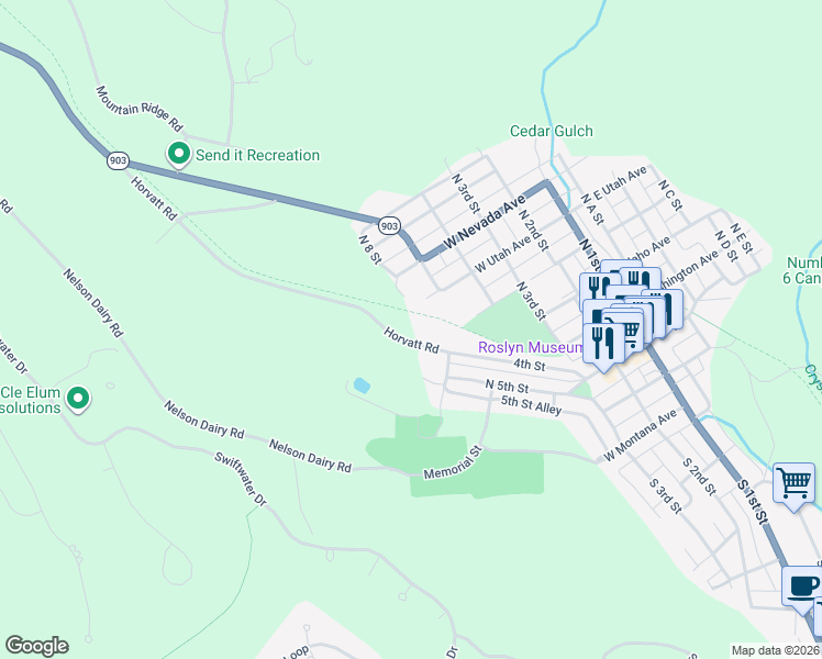 map of restaurants, bars, coffee shops, grocery stores, and more near 510 North C Street in Roslyn