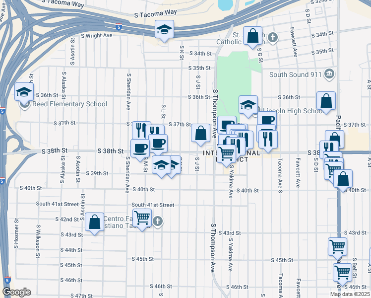 map of restaurants, bars, coffee shops, grocery stores, and more near 1102 South 38th Street in Tacoma