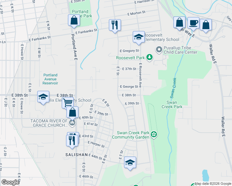 map of restaurants, bars, coffee shops, grocery stores, and more near 3778 East T Street in Tacoma