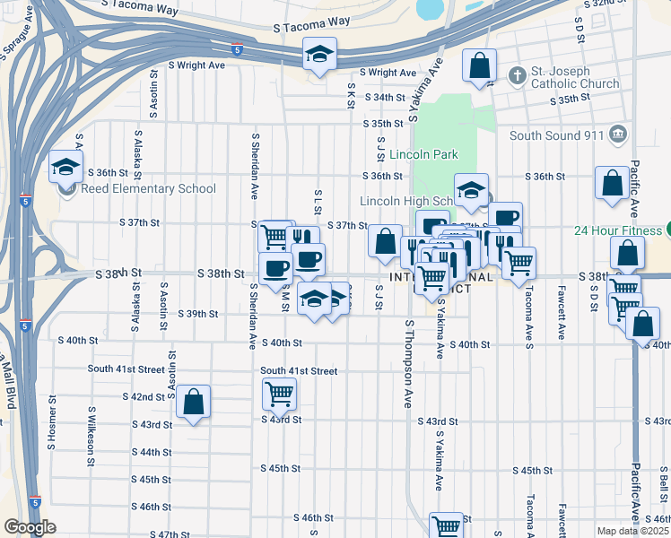 map of restaurants, bars, coffee shops, grocery stores, and more near 1101 South 38th Street in Tacoma