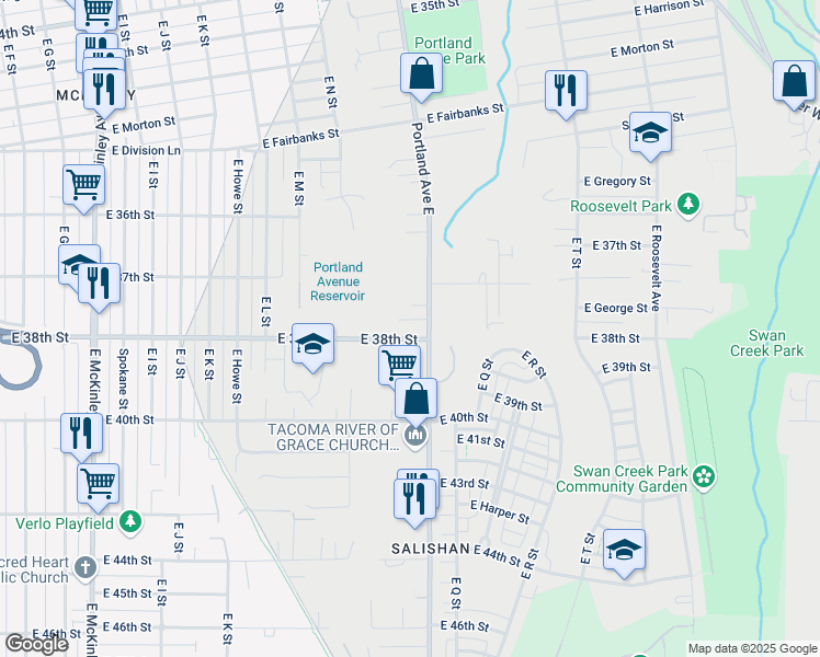 map of restaurants, bars, coffee shops, grocery stores, and more near 1511 East 38th Street in Tacoma