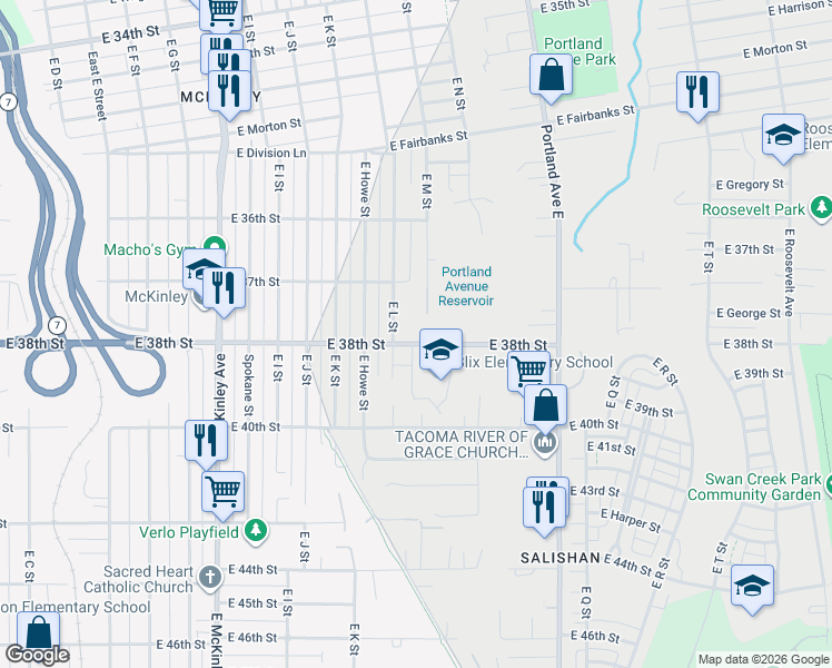 map of restaurants, bars, coffee shops, grocery stores, and more near in Tacoma