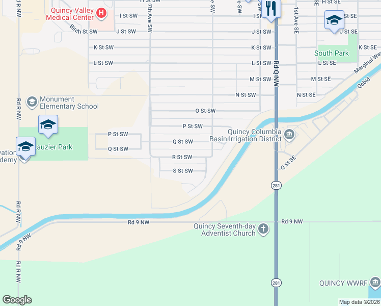 map of restaurants, bars, coffee shops, grocery stores, and more near 415 R Street Southwest in Quincy