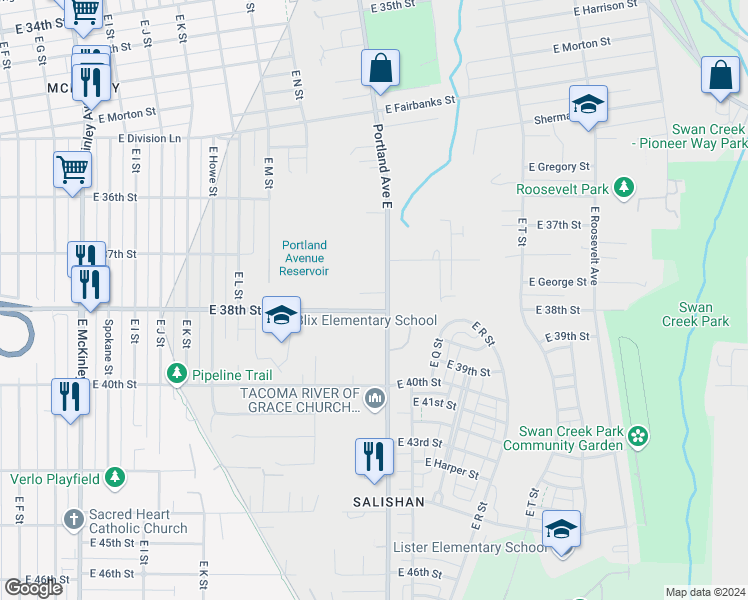 map of restaurants, bars, coffee shops, grocery stores, and more near 1517 East 38th Street in Tacoma