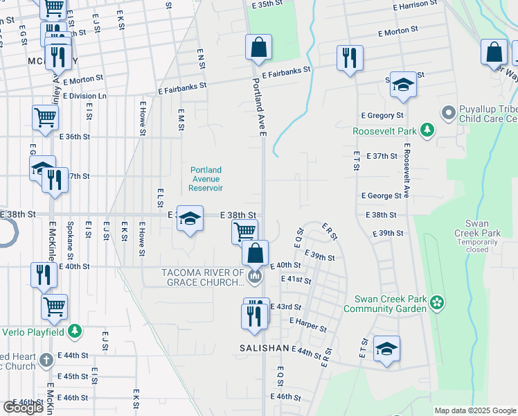 map of restaurants, bars, coffee shops, grocery stores, and more near in Tacoma