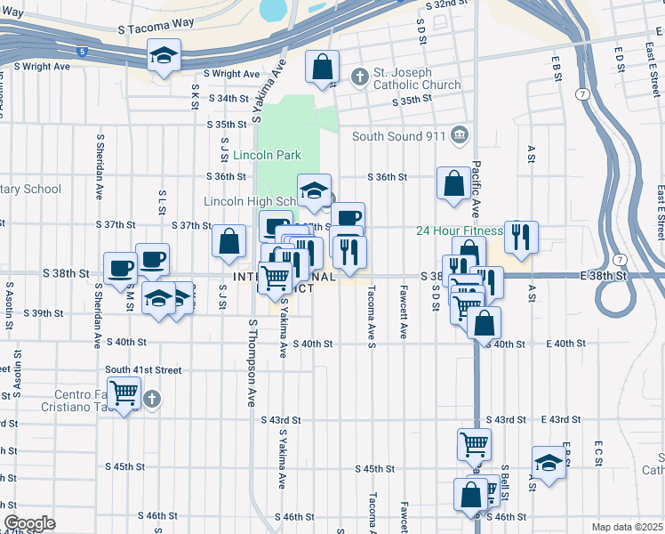 map of restaurants, bars, coffee shops, grocery stores, and more near in Tacoma