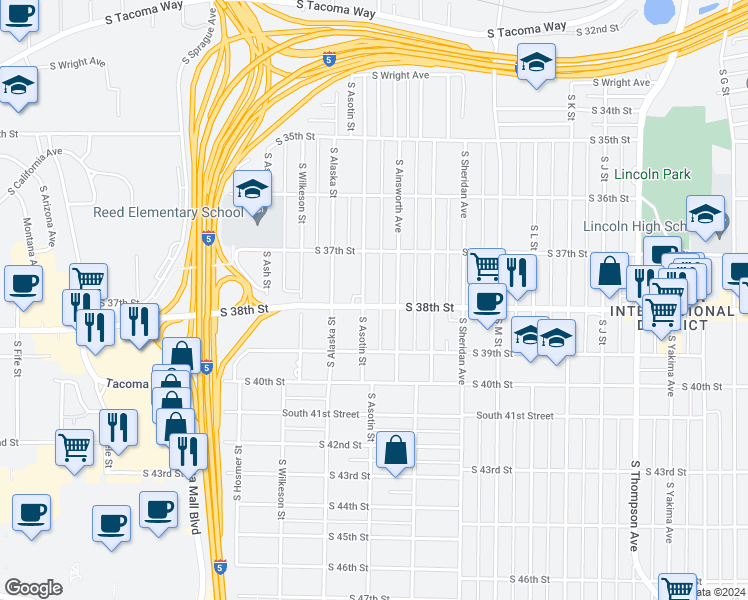 map of restaurants, bars, coffee shops, grocery stores, and more near 3802 South Ainsworth Avenue in Tacoma