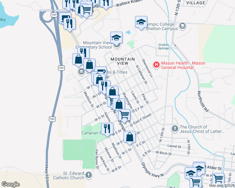map of restaurants, bars, coffee shops, grocery stores, and more near 206 East H Street in Shelton