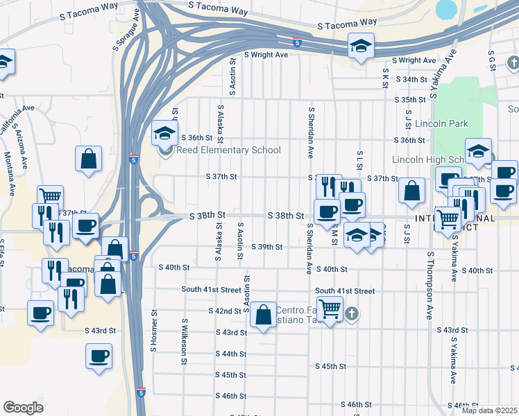 map of restaurants, bars, coffee shops, grocery stores, and more near 3802 South Ainsworth Avenue in Tacoma