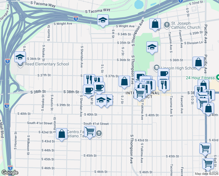 map of restaurants, bars, coffee shops, grocery stores, and more near 1102 South 38th Street in Tacoma