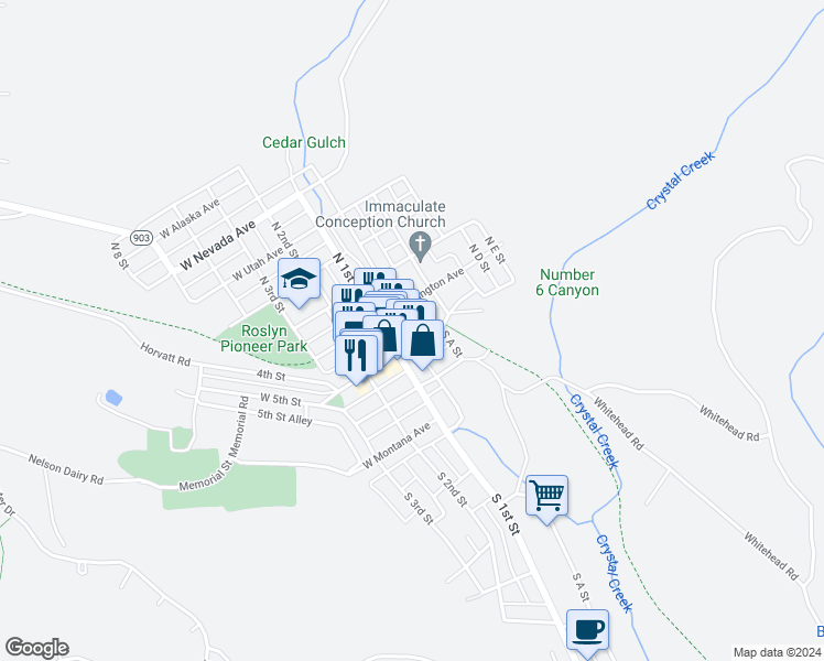 map of restaurants, bars, coffee shops, grocery stores, and more near in Roslyn