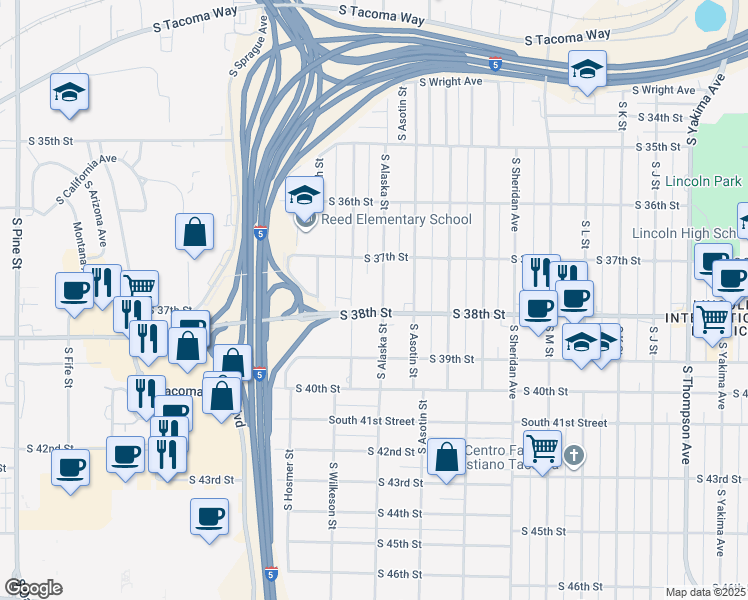 map of restaurants, bars, coffee shops, grocery stores, and more near 3802 South Alaska Street in Tacoma