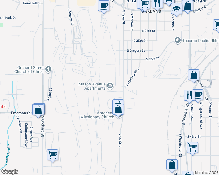 map of restaurants, bars, coffee shops, grocery stores, and more near 3816 South Mason Avenue in Tacoma