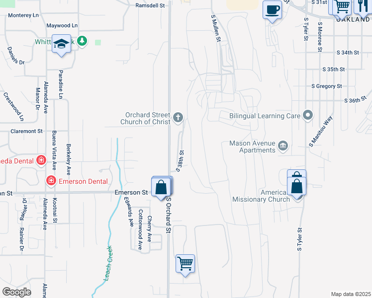 map of restaurants, bars, coffee shops, grocery stores, and more near 3719 South Orchard Street in Tacoma