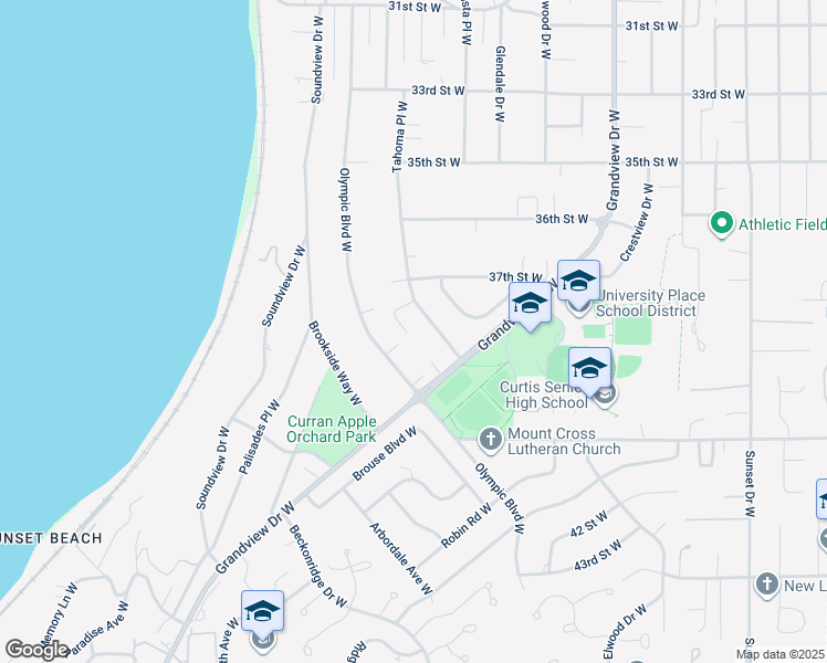 map of restaurants, bars, coffee shops, grocery stores, and more near 3737 Curtis Place West in University Place