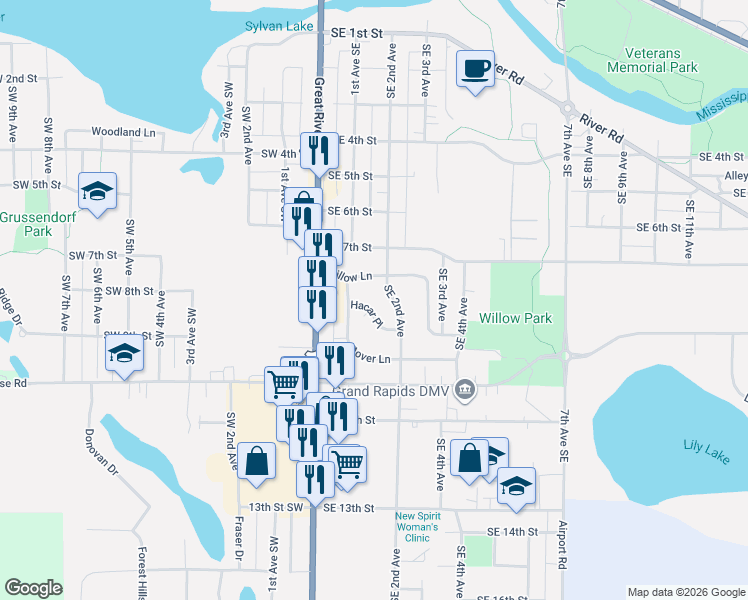 map of restaurants, bars, coffee shops, grocery stores, and more near 108 Hacar Place in Grand Rapids
