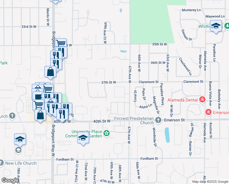 map of restaurants, bars, coffee shops, grocery stores, and more near 3741 70th Avenue West in University Place