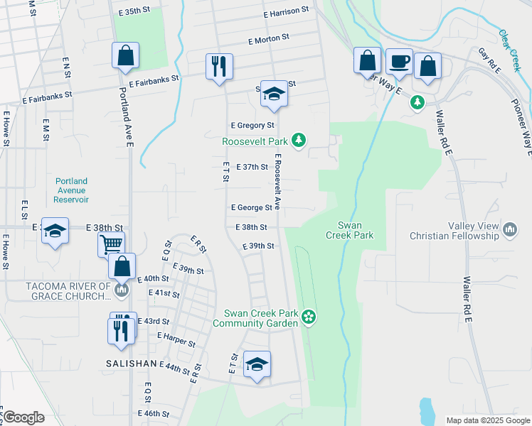 map of restaurants, bars, coffee shops, grocery stores, and more near 2035 East 38th Street in Tacoma
