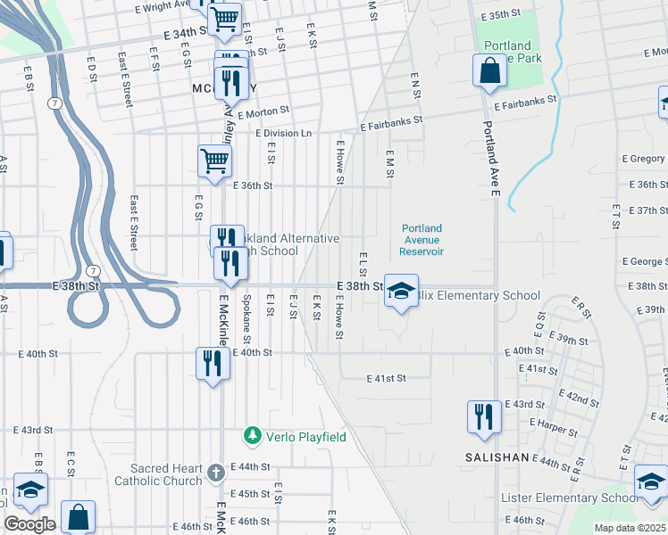 map of restaurants, bars, coffee shops, grocery stores, and more near 3801 East Howe Street in Tacoma