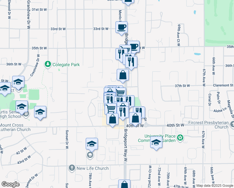 map of restaurants, bars, coffee shops, grocery stores, and more near 7521 37th Street West in University Place