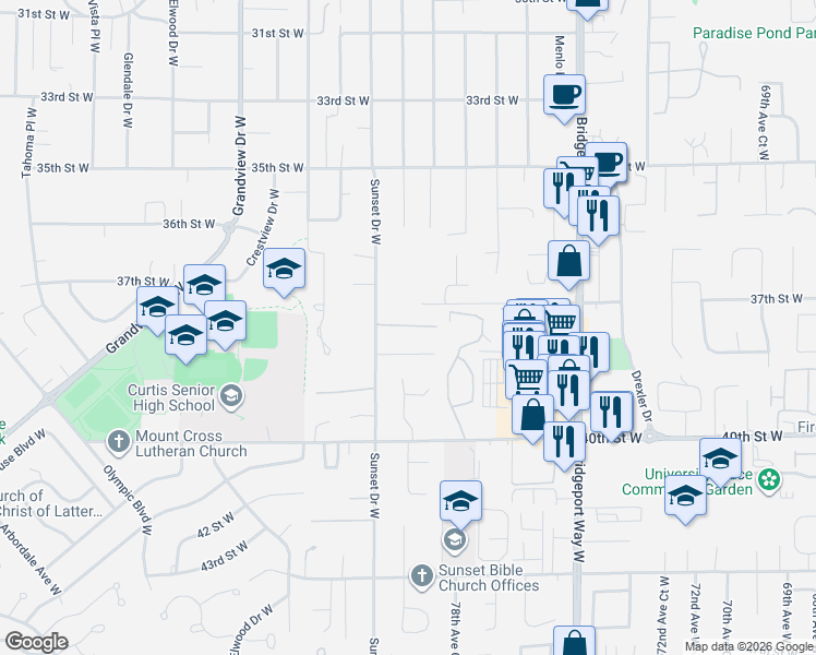map of restaurants, bars, coffee shops, grocery stores, and more near 7921 37th Street West in University Place