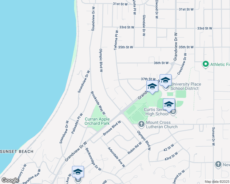 map of restaurants, bars, coffee shops, grocery stores, and more near 3660 Tahoma Place West in University Place