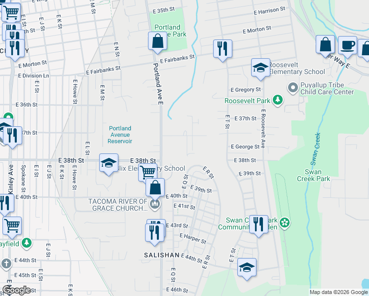 map of restaurants, bars, coffee shops, grocery stores, and more near 1620 East Columbia Avenue in Tacoma