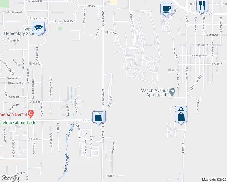 map of restaurants, bars, coffee shops, grocery stores, and more near 3725 South Orchard Street West in Tacoma