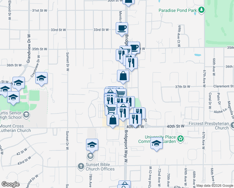map of restaurants, bars, coffee shops, grocery stores, and more near 3706 Larson Lane West in University Place