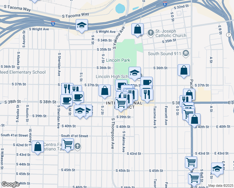 map of restaurants, bars, coffee shops, grocery stores, and more near 3702 South Thompson Avenue in Tacoma