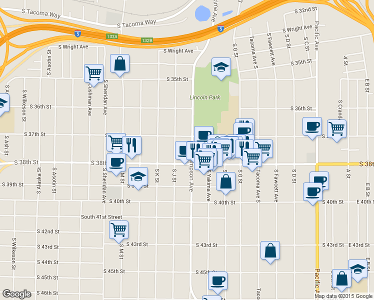 map of restaurants, bars, coffee shops, grocery stores, and more near 3702 South Thompson Avenue in Tacoma