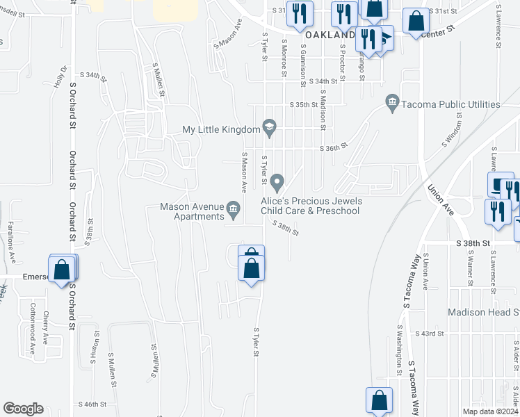 map of restaurants, bars, coffee shops, grocery stores, and more near 3707 South Tyler Street in Tacoma