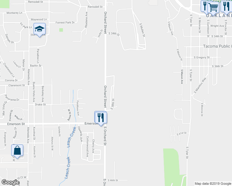 map of restaurants, bars, coffee shops, grocery stores, and more near 3731 South Orchard Street in Tacoma