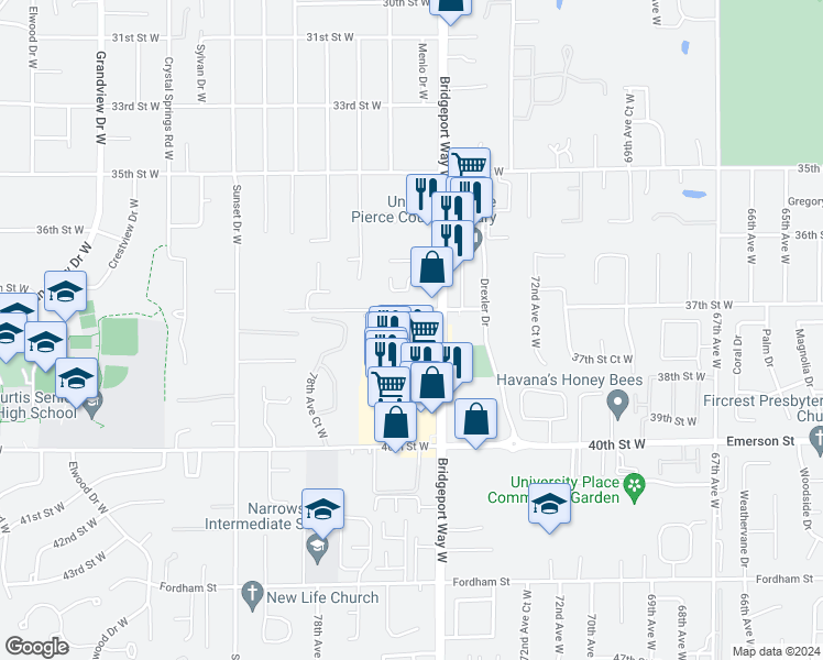 map of restaurants, bars, coffee shops, grocery stores, and more near 7521 37th Street West in University Place