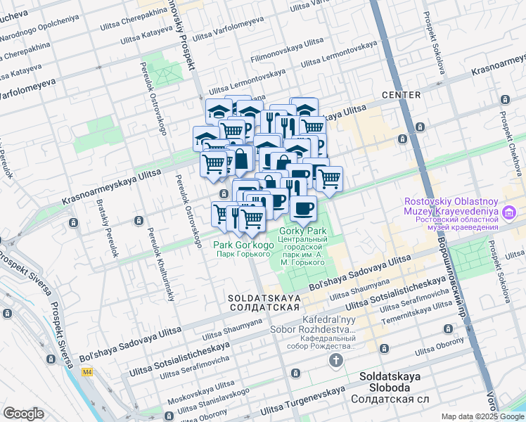 map of restaurants, bars, coffee shops, grocery stores, and more near 61 Pushkinskaya Ulitsa in Rostov