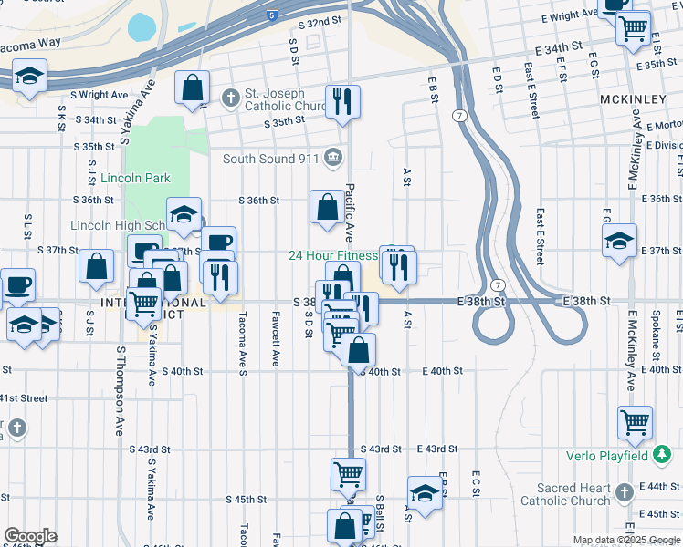 map of restaurants, bars, coffee shops, grocery stores, and more near 3716 Pacific Avenue in Tacoma