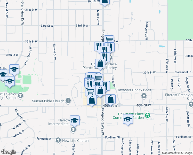 map of restaurants, bars, coffee shops, grocery stores, and more near 3706 Larson Lane West in University Place