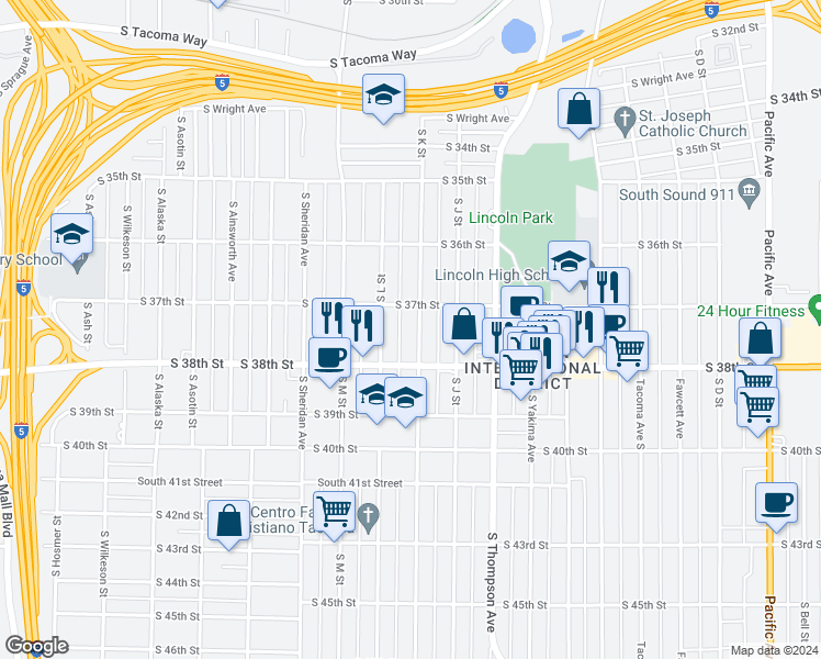 map of restaurants, bars, coffee shops, grocery stores, and more near 3716 South K Street in Tacoma