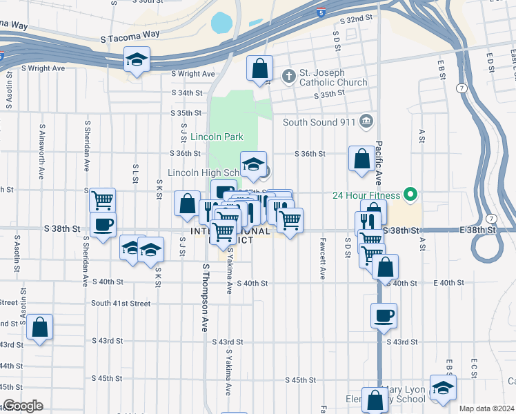 map of restaurants, bars, coffee shops, grocery stores, and more near 720 South 37th Street in Tacoma