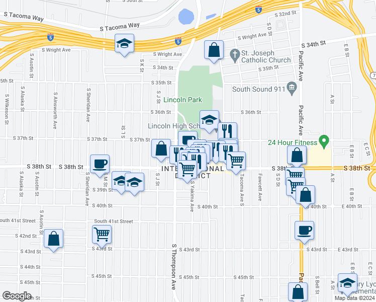map of restaurants, bars, coffee shops, grocery stores, and more near 3704 South Yakima Avenue in Tacoma