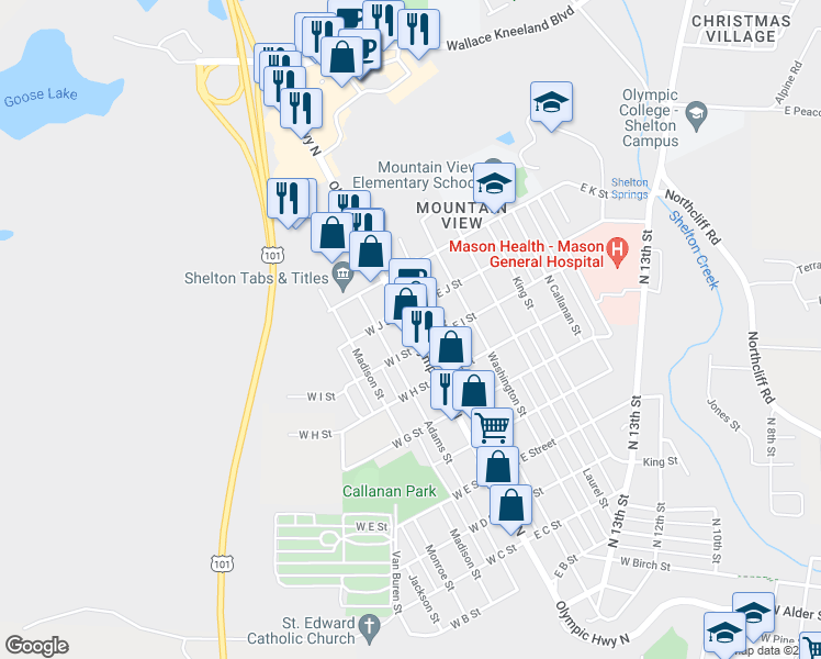 map of restaurants, bars, coffee shops, grocery stores, and more near 2217 Olympic Highway North in Shelton