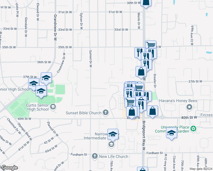map of restaurants, bars, coffee shops, grocery stores, and more near 7902 37th Street West in University Place