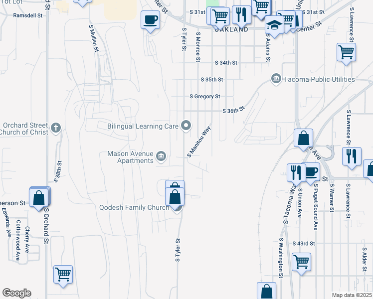 map of restaurants, bars, coffee shops, grocery stores, and more near 3707 South Tyler Street in Tacoma