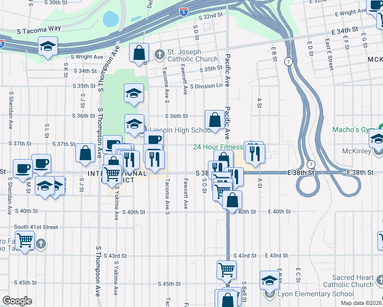 map of restaurants, bars, coffee shops, grocery stores, and more near 3701 Fawcett Avenue in Tacoma