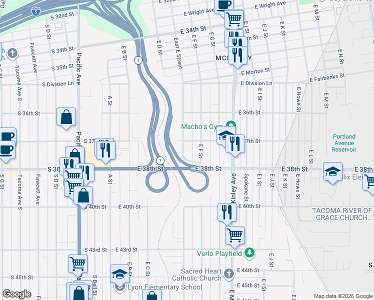 map of restaurants, bars, coffee shops, grocery stores, and more near 3715 East E Street in Tacoma