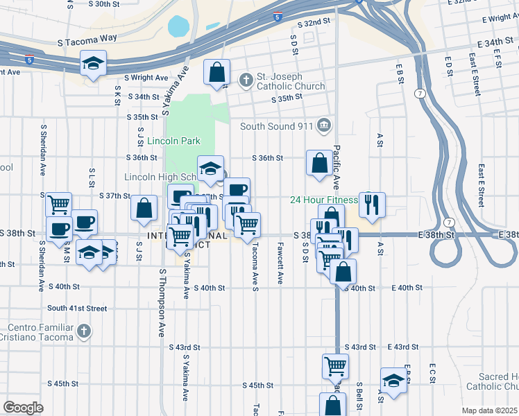 map of restaurants, bars, coffee shops, grocery stores, and more near 3711 Tacoma Avenue South in Tacoma